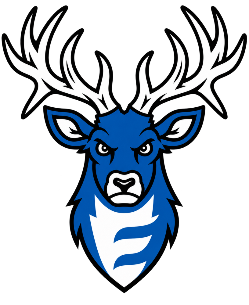 An Elk logo with an Elk looking straight ahead. The Elk is Blue, his antlers are white, and there is a white E on his chest