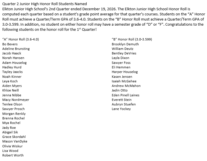 EJHS 2nd quarter honor roll list