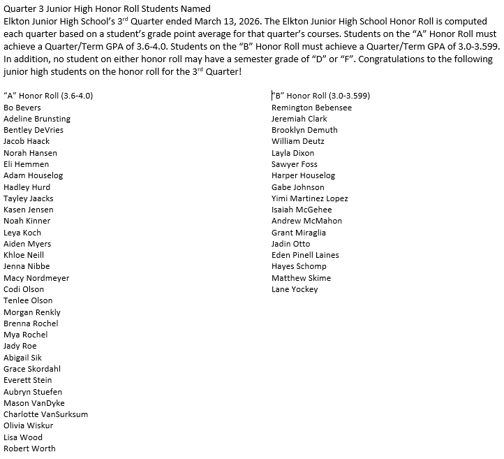EJHS 2025-2026 3rd quarter honor roll list