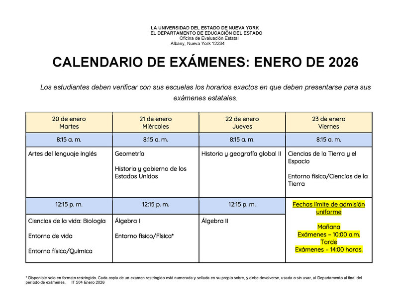 January 2026 Regents Schedule (Spanish)
