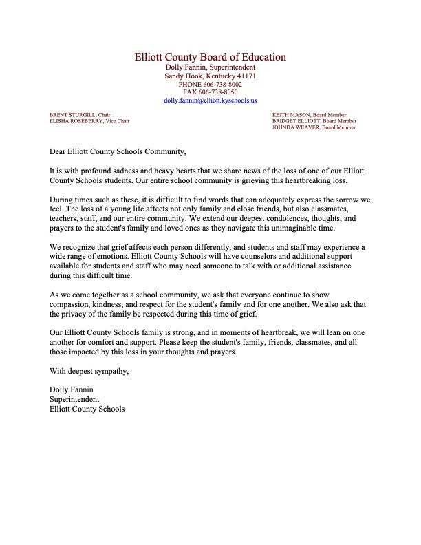 Letter to Community regarding the recent loss of an Elliott County student