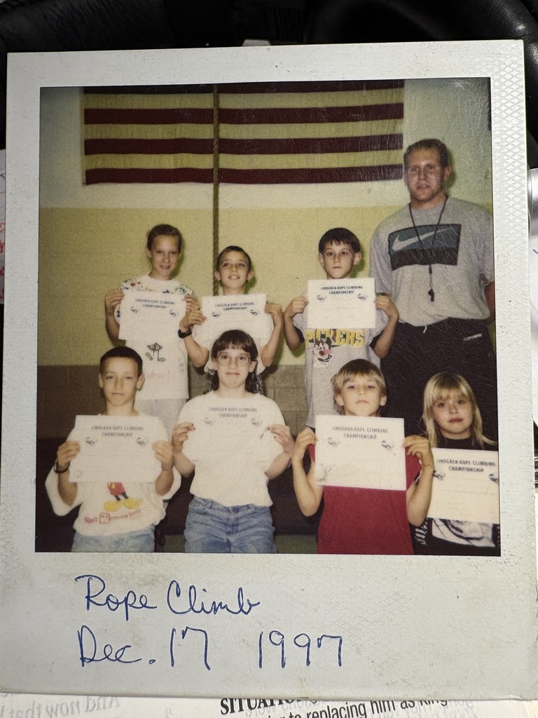 📸 Throwback Thursday – Straight from the Archives!  Check out this Polaroid gem from December 17, 1997—Lindgren Elementary’s Rope Climb Champions with none other than Mr. Whalen! 💪  These future legends crushed it, but the fastest of them all? Ryan Steenson, clocking in at an incredible 4.83 seconds! 🏆  Thanks to Mr. Whalen for sharing this blast from the past—anyone else remember rope climb day? 🙌  #TBT #PantherPride