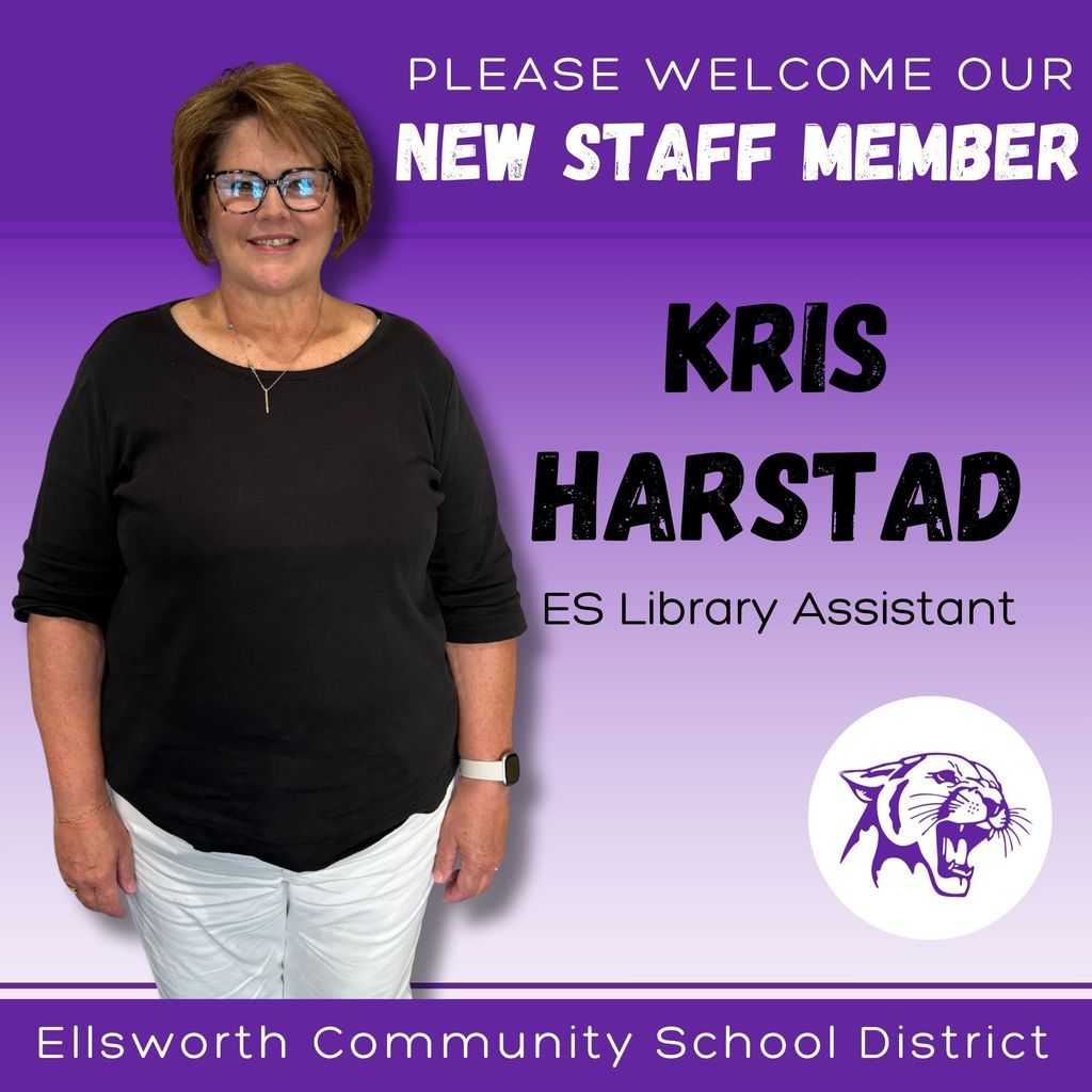 🌟 Meet Our New Staff 🌟  We’re excited to welcome Kris Harstad, our new Library Assistant at Ellsworth Elementary! 💜  Kris enjoys reading and baking sourdough bread. 📚🥖 She and her husband love to travel and recently enjoyed a trip to Utah to visit family and explore some of the incredible national parks. 🌄  ✨ What she’s looking forward to this year: “I’m looking forward to meeting new people and being a part of the school community.”  Welcome to the Panther family, Kris! 🐾 #PantherPride