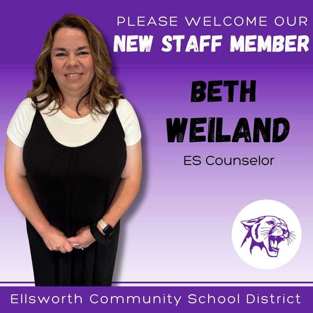 🌟 Meet Our New Staff 🌟  Please help us welcome Beth Weiland, our new 4YK–2 School Counselor at Ellsworth Elementary! 💜  Beth enjoys spending time with her family and friends. 💕 After teaching mostly 3rd and 4th grade in another district since 2003, she’s excited for a new chapter here in Ellsworth.  ✨ What she’s looking forward to this year: “I’m looking forward to building relationships with students, families, and staff. I’m excited for the change that Ellsworth Elementary will bring!”  We’re so glad to have you join our Panther family, Beth! 🐾 #PantherPride