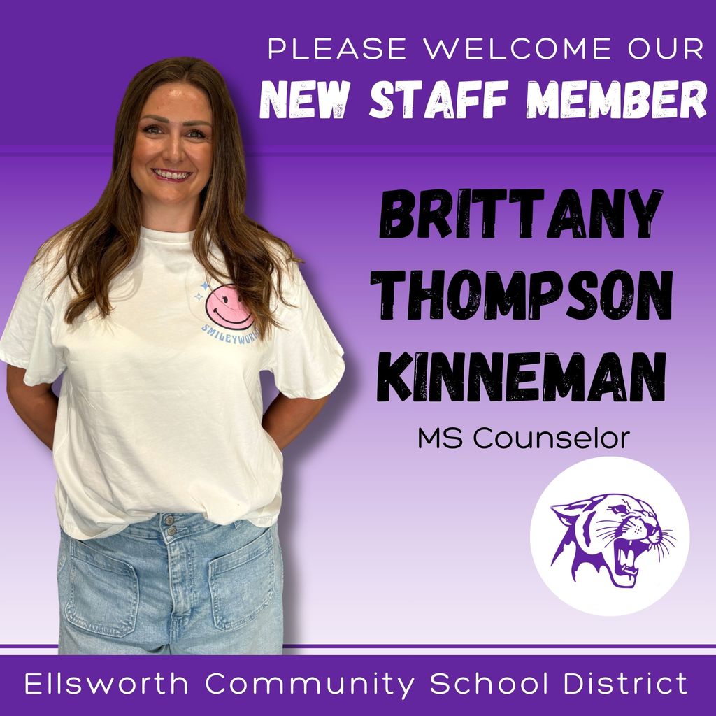 🌟 Meet Our New Staff 🌟  Please welcome back Brittany Thompson Kinneman, our Middle School Counselor at Ellsworth Middle School! 💜  Brittany isn’t new to ECSD—she was with us part of last year at the middle school. She enjoys reading, traveling, and spending time with family and friends. She also has four children in the district, making her connection to our schools extra special. 📚✈️👨‍👩‍👧‍👦  ✨ What she’s looking forward to this year: “I’m looking forward to working with amazing staff, continuing to create a counseling curriculum, integrating teaching and counseling, and most importantly, building relationships with our students.”  We’re so glad to have you with us full-time, Brittany! 🐾 #PantherPride