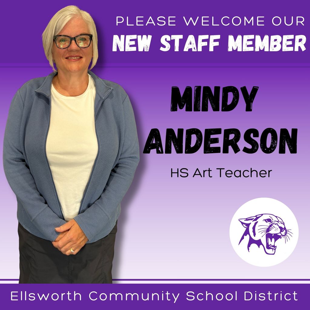 🌟 Meet Our New Staff 🌟  We’re excited to welcome Mindy Anderson back to ECSD as our new High School Art Teacher! 🎨💜  Mindy enjoys spending time with her family, reading, hiking, and biking. 📚🚴‍♀️ She’s looking forward to getting to know both students and staff while sharing her love of art in the classroom.  Welcome back, Mindy—we’re so glad to have you here again! 🐾 #PantherPride