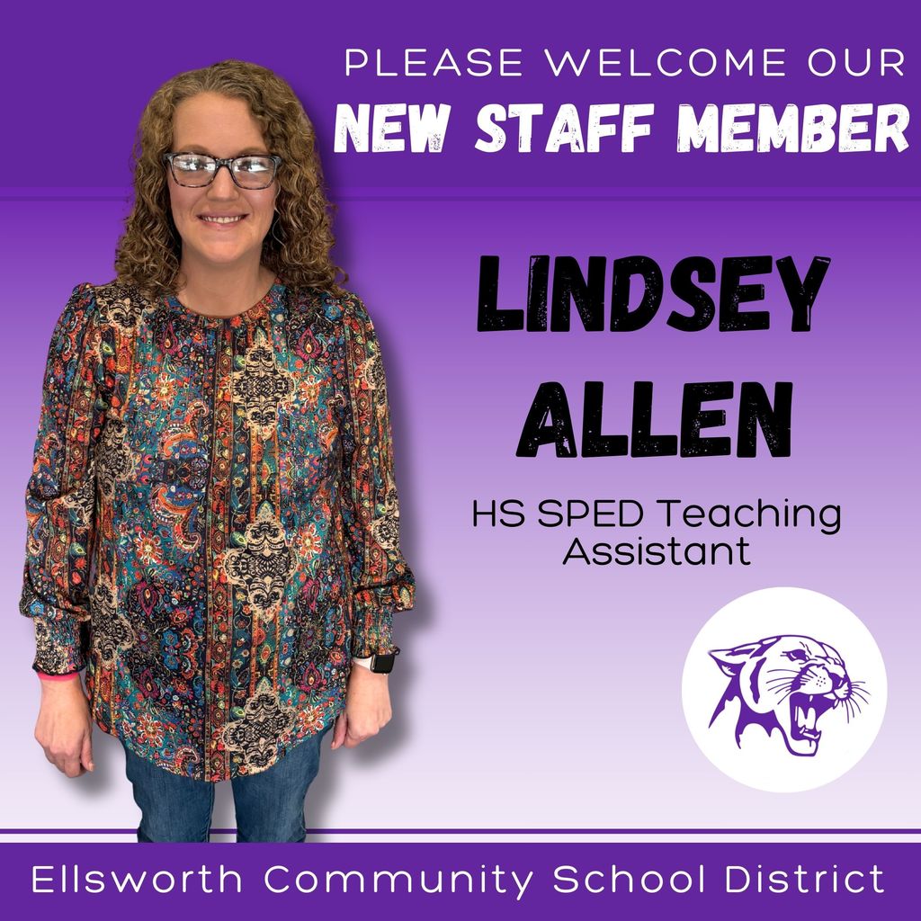 🌟 Meet Our New Staff 🌟  Help us welcome Lindsay Allen, our new Special Education Teaching Assistant at Ellsworth High School! 💜  Lindsay enjoys reading, writing, hiking, and going on long road trips with her family—their favorite destination is Glenwood Springs, Colorado. 🚗🏔️ She also has three children in the district, making her connection to ECSD extra special.  ✨ What she’s looking forward to this year: “I’m looking forward to meeting the students and learning more about them. I’m also excited to support them in reaching their educational goals.”  We’re glad to have you on the Panther team, Lindsay! 🐾 #PantherPride