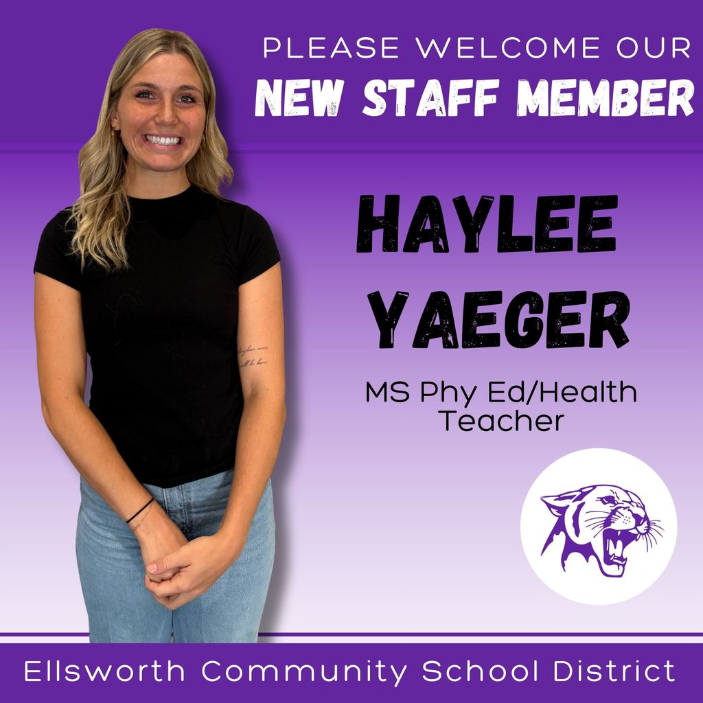 🌟 Meet Our New Staff 🌟  We’re excited to welcome Haylee Yaeger, our new Phy Ed and Health Teacher at Ellsworth Middle School! 💜  Haylee enjoys coaching basketball, fishing, and thrifting. 🏀🎣🛍 She lives right here in Ellsworth, where most of her days are spent keeping up with her energetic toddler and puppy. 🐾  ✨ What she’s looking forward to this year: “I’m looking forward to teaching students how to enjoy a healthy lifestyle and why it is so important.”  We’re glad to have you join our Panther team, Haylee! 🐾 #PantherPride