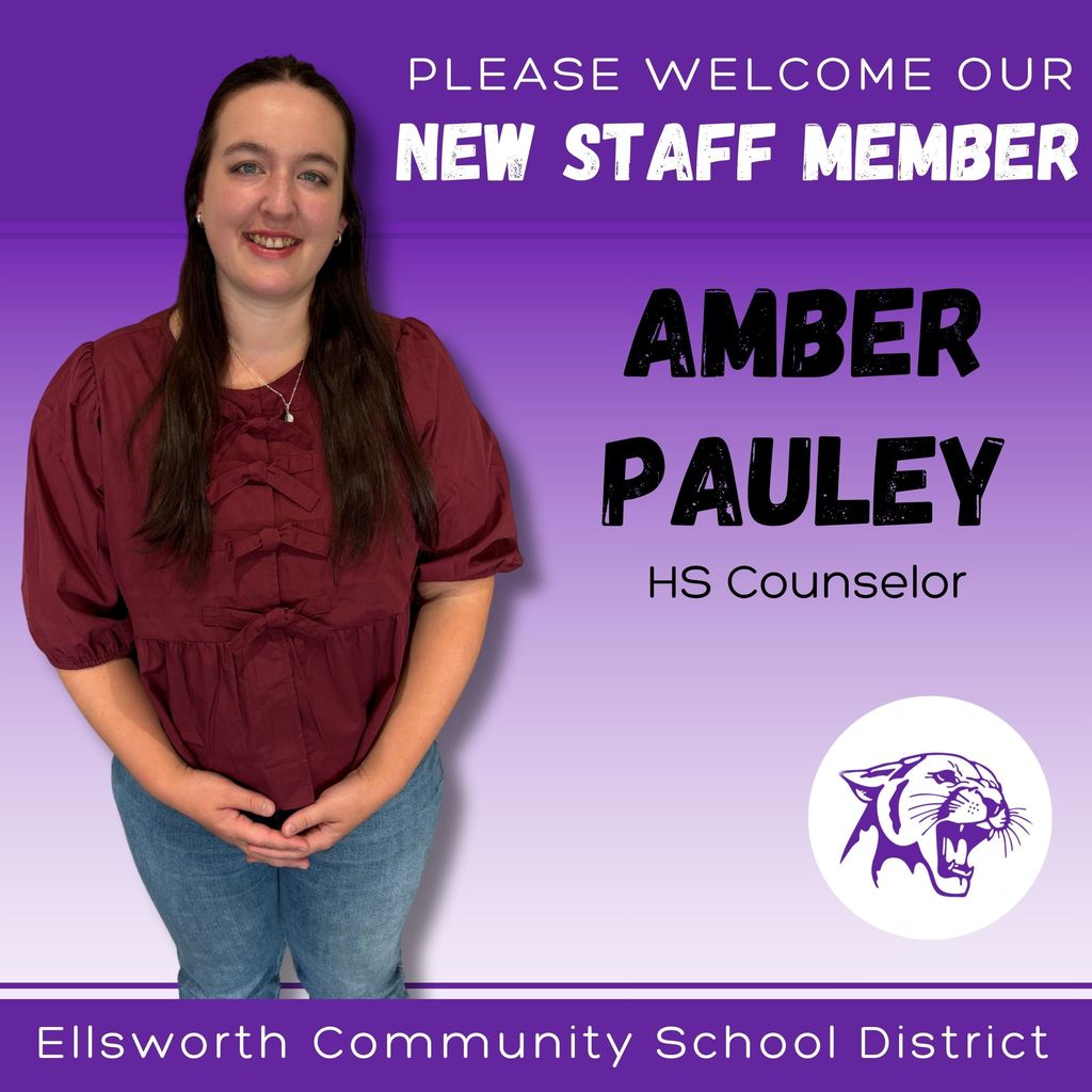 🌟 Meet Our New Staff 🌟  Please welcome Amber Pauley, our new High School Counselor at Ellsworth High School! 💜  Amber enjoys traveling, reading, camping, and playing with her kids. ✈️📚🏕👩‍👧‍👦  ✨ What she’s looking forward to this year: “I’m excited to get to know the kids and the community.”  We’re so glad to have you on our Panther team, Amber! 🐾 #PantherPride