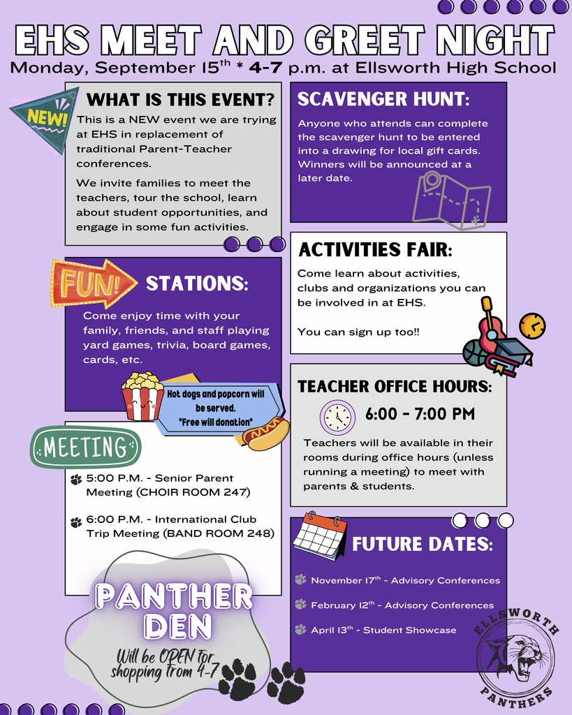 Come meet our teachers! Tour the school. Learn about student opportunities! Check out the new Panther Den and grab some new gear! Fun activities planned. Serving hotdogs and popcorn!