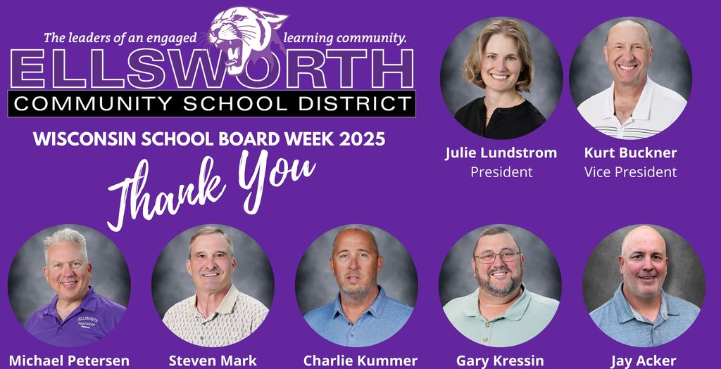 💜🖤 October 6–12 is Wisconsin School Board Week! 🏫✨  The Ellsworth Community School District is grateful for our incredible School Board members who dedicate their time, leadership, and vision to our students, staff, and community. 🙌📚  School board service carries a significant responsibility, and we are fortunate to have such a fantastic group of leaders guiding our district. 💼❤️  👏 THANK YOU for your commitment to the future of our schools and the success of every child in ECSD! #PantherPride