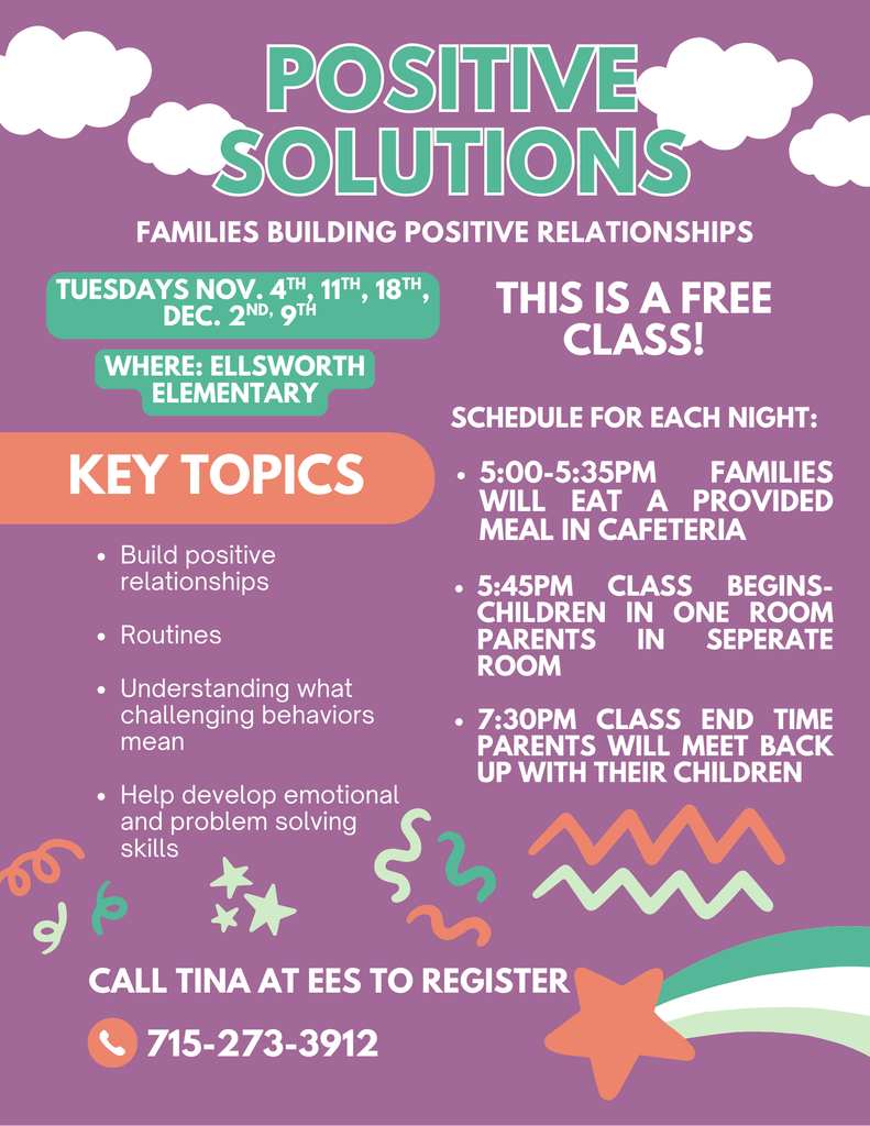 💜 Positive Solutions: Families Building Positive Relationships 💜  Join us for a free class series at Ellsworth Elementary designed to help families build stronger connections and support positive behavior at home!
