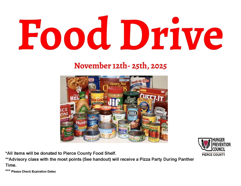 📦 EMS Student Council Food Drive! 🥫  Our annual Food Drive kicks off Wednesday, November 12 and runs through Tuesday, November 25, 2025!  All donations will go to the Pierce County Food Shelf, and advisory classes will compete for points — the class with the most points wins a Pizza Party 🍕 during Panther Time!  🏅 Points System Highlights: ✨ High-need items = 5 points 🦃 Turkeys & Hams = 20 points 💵 Cash donations = 1 point per dollar  Student Council members will be in the concession stand area each morning until 8:00 a.m. to collect items and tally points.  Please remember to check expiration dates on all items. For a full list of point values, check out the attached point sheet!  Let’s fill those shelves and show some Panther Pride while helping our community! 💜🐾