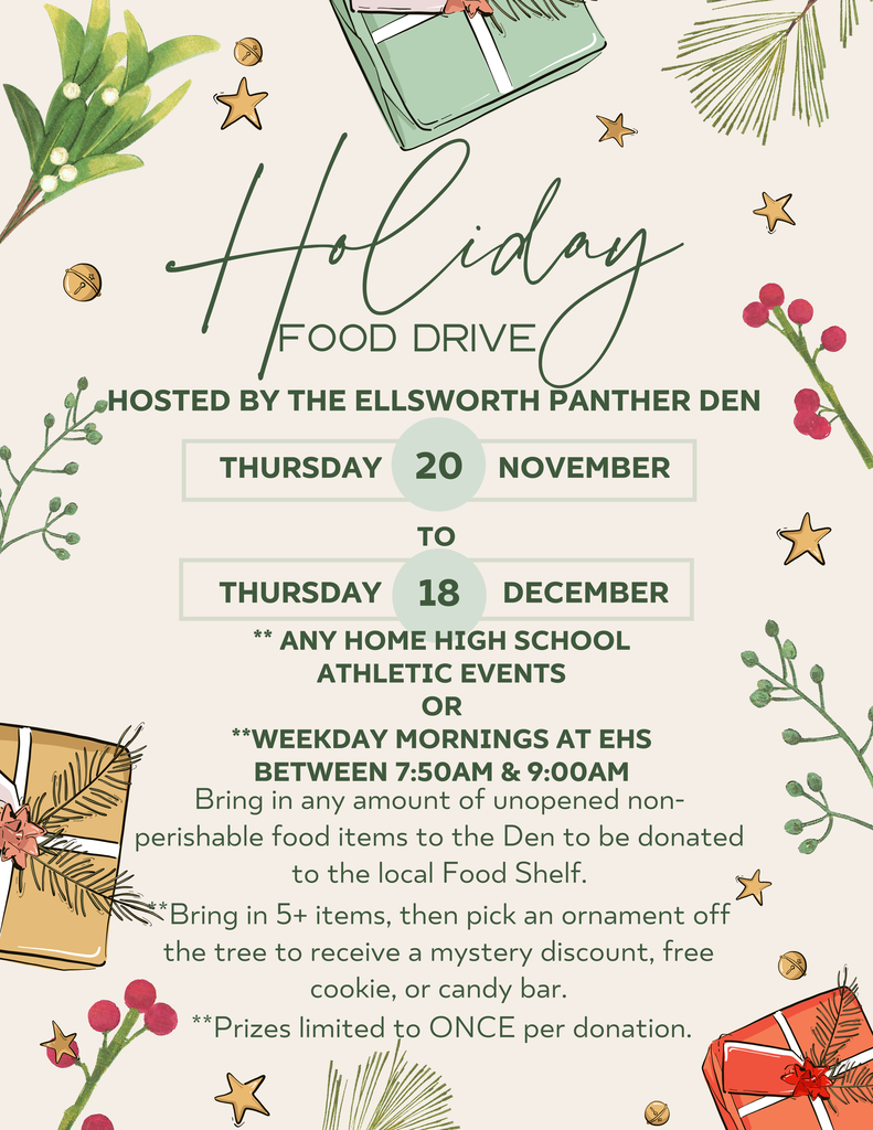 The High School Den Managers are kicking off a holiday food drive! 🎄🖤💜 If you’re able, please bring unopened, non-perishable food items to the Den. All donations will be delivered to our local Food Shelf to support families in our community.  Thank you for helping us spread a little kindness this season! 🐾
