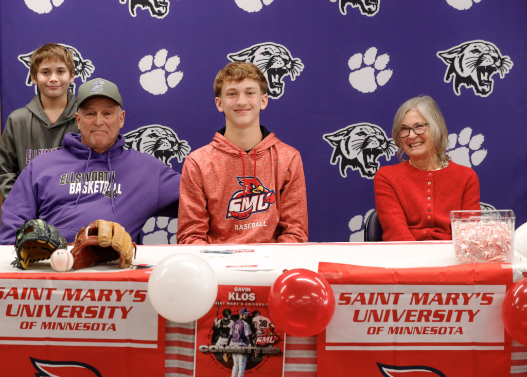 Last Wednesday, EHS hosted a special signing ceremony to celebrate four Panthers who have committed to continue their athletic careers at the collegiate level. We’re incredibly proud of their hard work, dedication, and the example they set for our younger athletes. Congratulations to: – Gavin Klos – St. Mary’s University, Baseball – Chace Kressin – UW–Platteville, Football – Lexi Marks – UW–River Falls, Golf – George Rohl – University of Minnesota, Football We can’t wait to cheer you on as you take the next step in your athletic journeys. Way to represent Ellsworth! 💜🐾