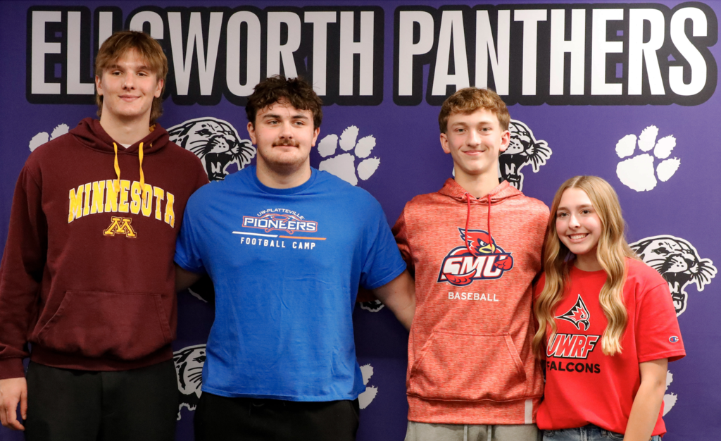 Last Wednesday, EHS hosted a special signing ceremony to celebrate four Panthers who have committed to continue their athletic careers at the collegiate level. We’re incredibly proud of their hard work, dedication, and the example they set for our younger athletes. Congratulations to: – Gavin Klos – St. Mary’s University, Baseball – Chace Kressin – UW–Platteville, Football – Lexi Marks – UW–River Falls, Golf – George Rohl – University of Minnesota, Football We can’t wait to cheer you on as you take the next step in your athletic journeys. Way to represent Ellsworth! 💜🐾