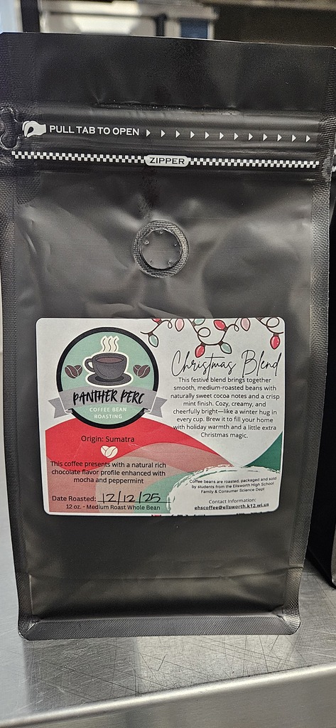 ☕🔥 Panter Perk Coffee Now Available at the Panther Den (school store) and Nilssen's Grocery Store! Our high school’s Coffee Roasting Program is here with freshly roasted coffee—crafted from green beans to final bean by our very own students! We have a variety of roast options, if you like dark, medium or light we have something for everyone. 🎄Also for a limited time our Holiday Coffee Blend Is Here! We have a small batch of our peppermint mocha blend that would make a perfect gift for teachers, family, and your favorite coffee lover. Support our hands-on student learning experiences while fueling your caffeine habit at the same time. Thank you for your support!