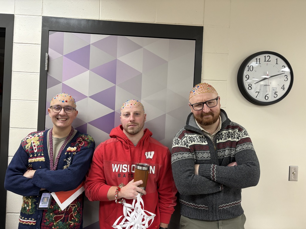 Talk about being good sports! 😄✨  At EMS, we celebrated WinterFest today before kicking off our holiday break, and one group of 8th grade girls had a very creative way to spread some school spirit. They earned the chance to bedazzle Principal Morrison, band director Mr. Morley, and our new PE teacher Mr. Campbell.  Thanks to these three for being such great sports and helping make WinterFest a memorable way to wrap up the semester! 💜❄️