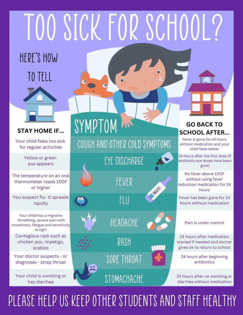 🩺 A Message from the School Nurse 🩺  We want to remind families about important guidelines to help keep everyone healthy this season:  🌡️ Fever: If your child has a fever of 100.0°F or higher, they should remain at home until they are fever-free for 24 hours without the use of fever-reducing medication. 🤢 Vomiting or Diarrhea: If your child experiences vomiting or excessive diarrhea (three or more episodes within 24 hours), they can return to school once they have been free of symptoms for 24 hours.  We’ve been seeing cases of mono, gastroenteritis (stomach flu), Influenza A, strep throat, and respiratory illnesses such as croup and bronchitis.  🔍 Please monitor your student’s health closely before sending them to school. If they are feeling unwell with symptoms like fever, vomiting, or diarrhea, allow them to recover at home to help reduce the spread of illness within our buildings.  Your efforts make a big difference in keeping everyone well. Thank you for your cooperation and care! 💙