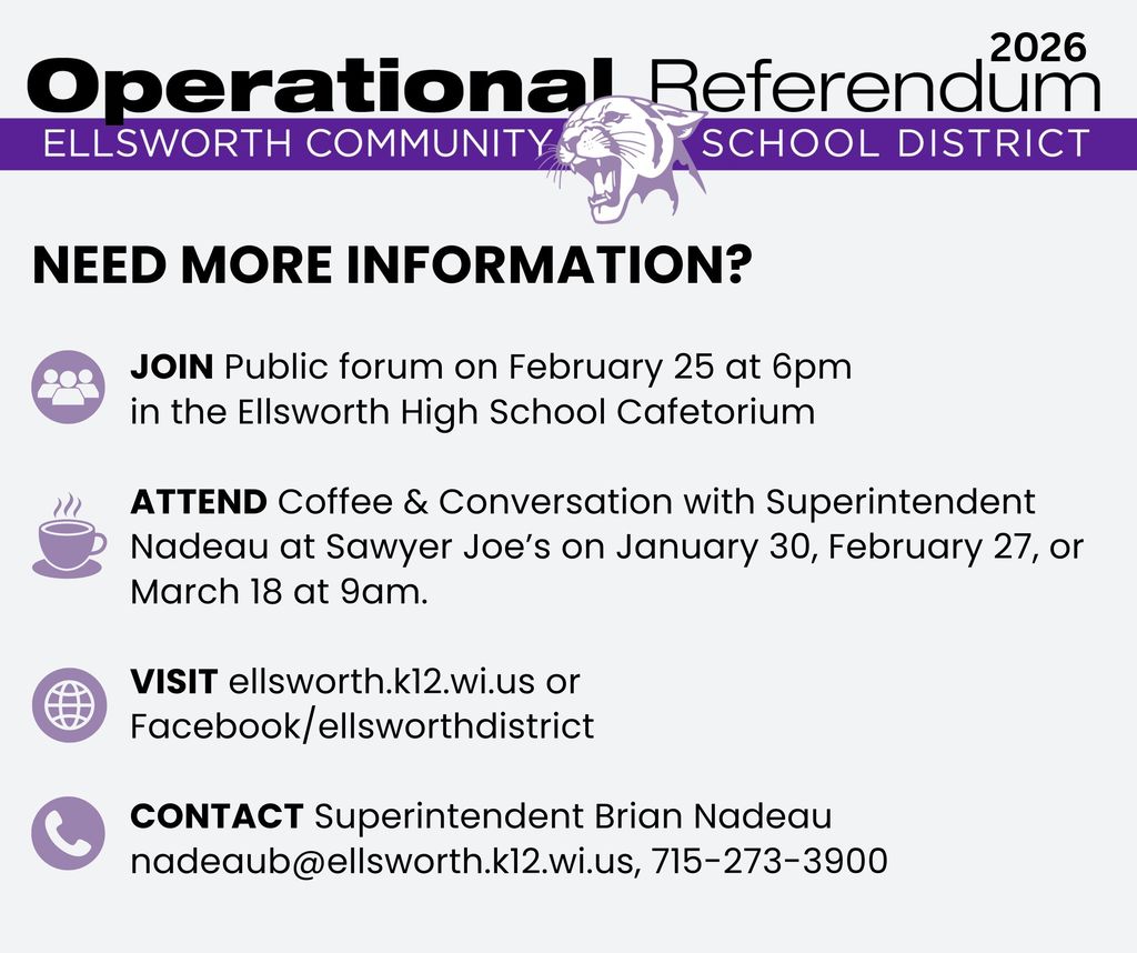 Would you like to learn more about the upcoming referendum? We want our community to have the facts and feel confident about how this decision impacts our school district. Your vote matters, and being informed matters too. We hope you’ll take advantage of one of these opportunities to learn more and be part of the conversation. 💜🐾