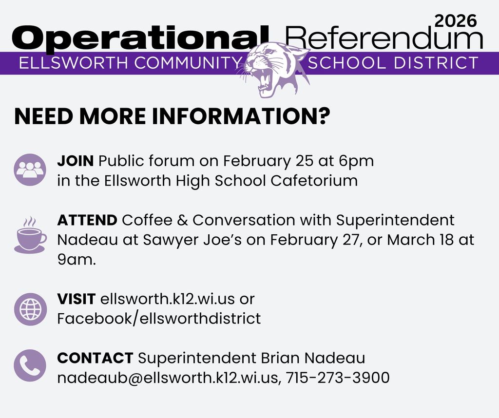 Would you like to learn more about the upcoming referendum? We want our community to have the facts and feel confident about how this decision impacts our school district.  Your vote matters, and being informed matters too. We hope you’ll take advantage of one of these opportunities to learn more and be part of the conversation. 💜🐾