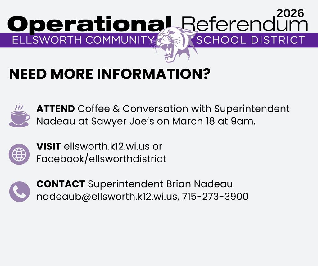 Would you like to learn more about the upcoming referendum? We want our community to have the facts and feel confident about how this decision impacts our school district.  Your vote matters, and being informed matters too. We hope you’ll take advantage of one of these opportunities to learn more and be part of the conversation. 💜🐾
