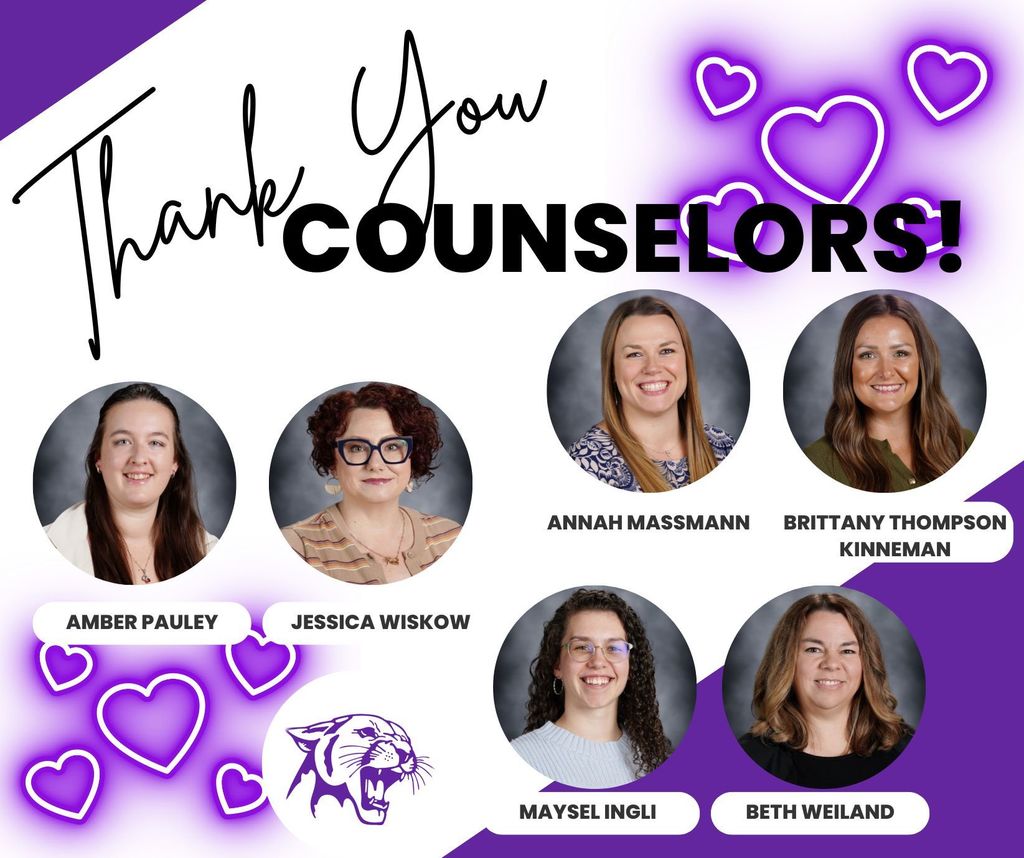 💜🐾 It’s National School Counseling Week! 🐾💜  This week, we want to say a big thank you to our amazing school counselors who support, encourage, and guide our students every single day. Whether it’s helping students work through challenges, plan for the future, or just being a trusted, caring adult, their impact is felt across our district.  We are so grateful for: • EES: Maysel Ingli & Beth Weiland • EMS: Annah Massmann & Brittany Thompson Kinneman • EHS: Jessica Wiskow & Amber Pauley • HS Counseling Office Assistant: Kris Deiss  Thank you for all you do for our students, families, and staff. We appreciate you today and always! 💜🐾
