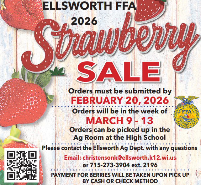 🍓 Last Chance for Fresh Strawberries! 🍓 Don’t miss out on the Ellsworth FFA Strawberry Sale! These delicious, fresh strawberries are a community favorite every year, and the deadline to order is coming up fast. 📅 Order deadline: February 20 🛒 Place your order here: https://docs.google.com/forms/d/e/1FAIpQLSdWNG2EmOYMqfObqIybiJCUg9PkwUUpaXLaSyRGLzOAJGz5Hw/viewform Support our Ellsworth FFA students while stocking up on some sweet, juicy berries. Thank you for backing our Panthers! 🐾🍓