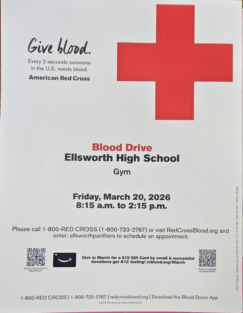 🩸🩸 EHS Blood Drive – We Need YOU! 🩸🩸  Ellsworth High School is hosting a blood drive on March 20th, and we’d love your support! 💪❤️  Giving blood is a simple way to make a big impact. Your donation can help save lives right here in our community and beyond. 🙌💉  🔗 Sign up here!  Let’s show our Panther Pride and come together for a great cause! 💜🖤 #GiveBlood #SaveLives #PantherPride
