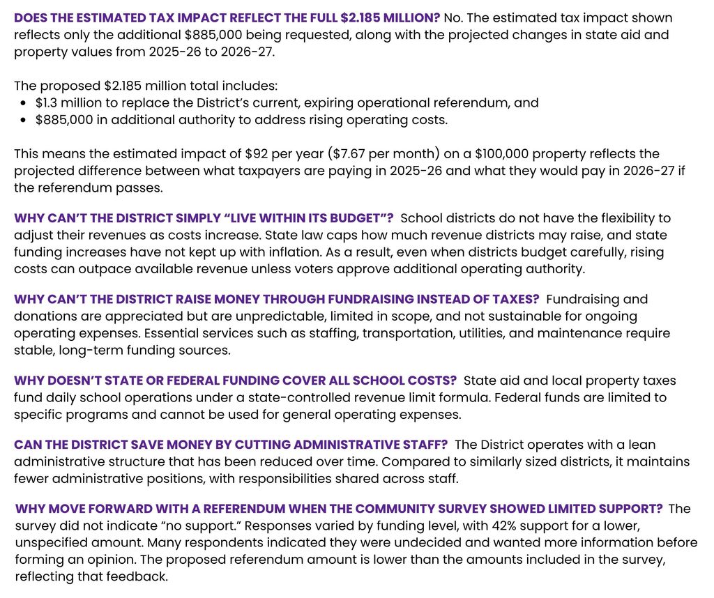 We’ve updated our Frequently Asked Questions with a few of the topics that have come up over the past couple of weeks regarding the April 7th Operational Referendum. We appreciate the conversations and questions from our community as we work to keep everyone informed. As always, if you have questions, please don’t hesitate to reach out to Superintendent Nadeau or visit our referendum webpage for more information: [https://www.ellsworth.k12.wi.us/page/2026-operational-referendum](https://www.ellsworth.k12.wi.us/page/2026-operational-referendum)