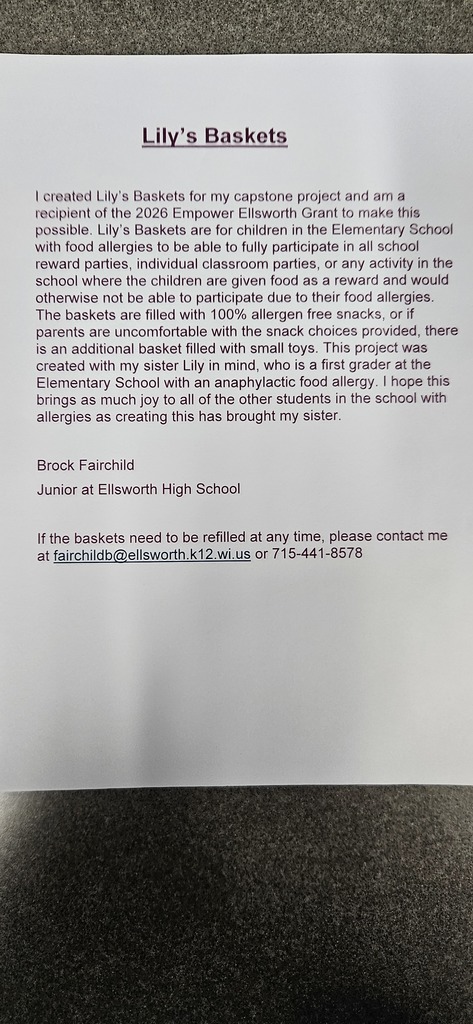 💜 Panther Pride in action! 💜  Ellsworth High School junior Brock Fairchild recently turned his capstone project into something truly meaningful. Inspired by his younger sister Lily and the challenges she faces with food allergies, Brock wanted to make a difference for other students in similar situations.  He put together a collection of allergy-friendly snack options to help ensure more students have safe choices available at school. What a thoughtful way to use his project to support others and make our schools more inclusive.  Way to go, Brock! 👏