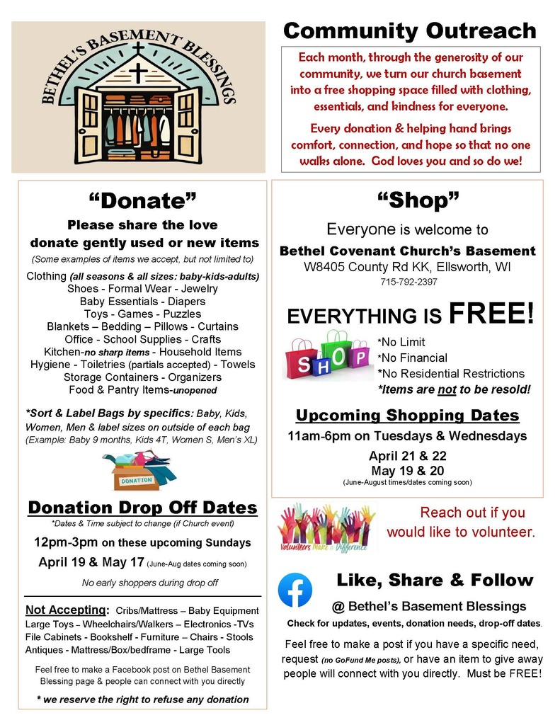 🛍️ Bethel’s Basement Blessings Shopping Event 🛍️  The next Bethel’s Basement Blessings shopping event is coming up soon! This is a wonderful opportunity for families in our community to shop for clothing and essentials at no cost.  Whether you’re in need of items or just want to check it out, all are welcome. 💜  A big thank you to Bethel’s Basement Blessings for continuing to support our community in such a meaningful way! 🖤🤍