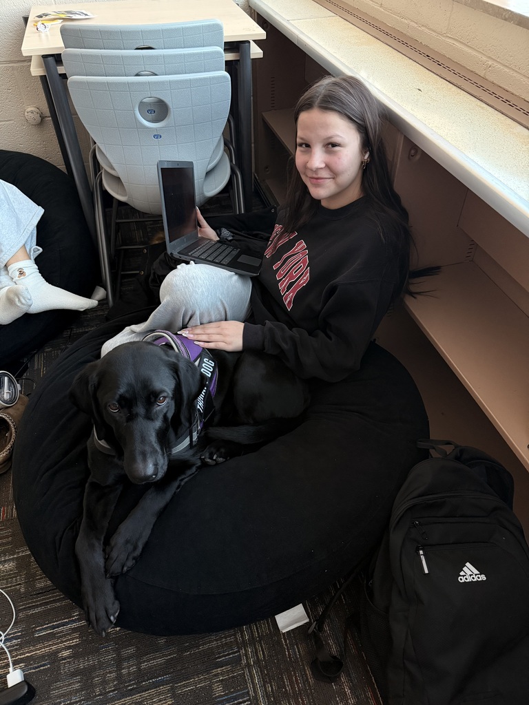 What’s Pudge been up to lately?! 🐾💜  💜 Lots of snuggles with all her friends 🐾 Testing out the new fitness equipment in the weight room (big fan!) 💜 Taking plenty of well-deserved naps 🐾 Causing a little chaos on her bed while Ms. Poulos is trying to teach 😄 💜 Cheering on and supporting the Ellsworth Baseball Team 🐾 Modeling her brand new bandana made by one of our talented sewing students  Life is pretty ruff when you’re this loved! 🐶💜