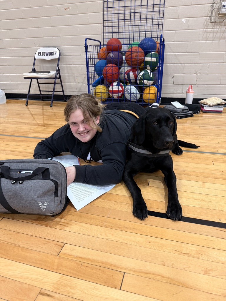 What’s Pudge been up to lately?! 🐾💜  💜 Lots of snuggles with all her friends 🐾 Testing out the new fitness equipment in the weight room (big fan!) 💜 Taking plenty of well-deserved naps 🐾 Causing a little chaos on her bed while Ms. Poulos is trying to teach 😄 💜 Cheering on and supporting the Ellsworth Baseball Team 🐾 Modeling her brand new bandana made by one of our talented sewing students  Life is pretty ruff when you’re this loved! 🐶💜