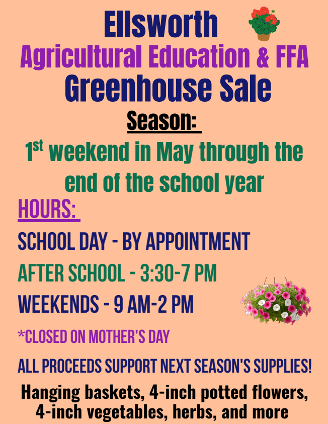 🌱🌸 The EHS Greenhouse is OPENING this weekend! 🌸🌱  Stop by and check out all the great plants our Ag Ed & FFA students have been growing! You’ll find hanging baskets, flowers, veggies, herbs, and more—perfect for getting your gardens started.  🗓 Hours: • Friday: 3:30–7 PM • Saturday & Sunday: 9 AM–2 PM  💳 Payment Options: Cash, Check, or Venmo  All proceeds go right back into supporting next year’s greenhouse program and supplies. We’d love to see you there! 💜🌿