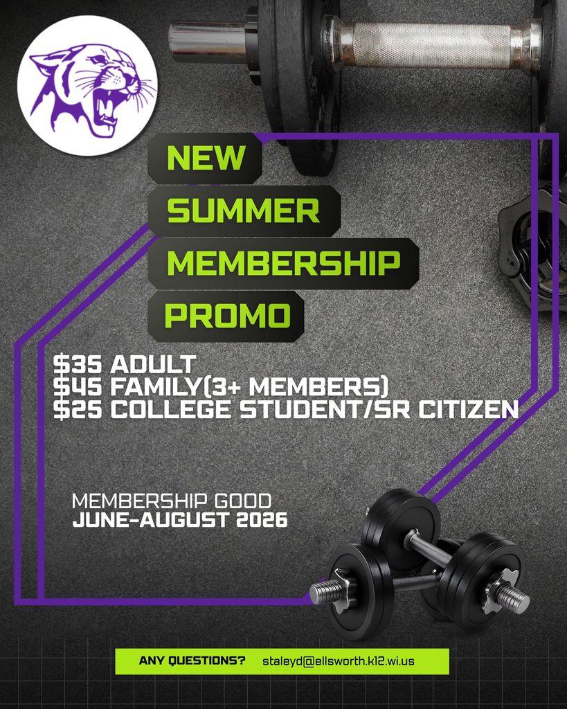 We’re rolling out a Summer Membership option and starting up a Weekly Pickleball Night at the high school—great ways to stay active, have fun, and connect with others in the community.  Whether you’re looking to get in a workout or try something new like pickleball, there’s something for everyone!  Check out the details in the graphics below 👇 If you have questions or want more information, reach out to Derek at staleyd@ellsworth.k12.wi.us .