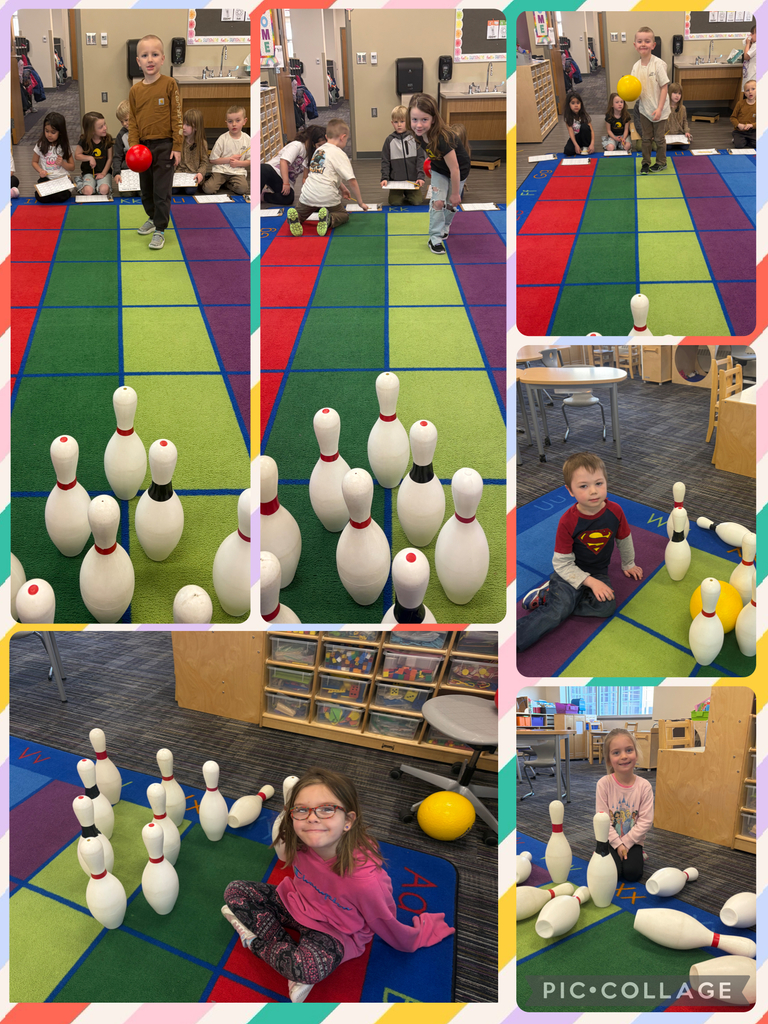 🎳 Kindergarten fun in action!  Some of our kindergarten students were working on partners of 10 in a hands-on way—by bowling! After each turn, they counted how many pins were knocked down and how many were still standing, then wrote an equation to match.  Learning + movement = a great day in kindergarten! 💜