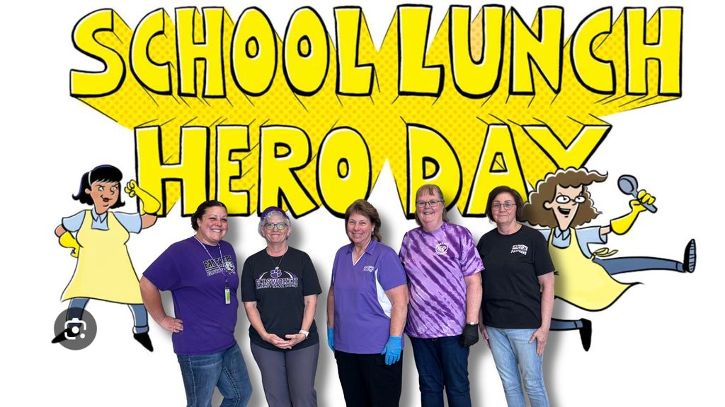Today we celebrate Lunch Hero Day! 🍎🥪  We are so grateful for the incredible nutrition staff across Ellsworth Community School District who work hard every single day to keep our students fueled and ready to learn. From early mornings to busy lunch lines, they do it all with a smile and care about every student they serve. 💜  Thank you for the meals you prepare, the kindness you show, and the difference you make in our schools. Be sure to give our lunch heroes a big THANK YOU today! 👏