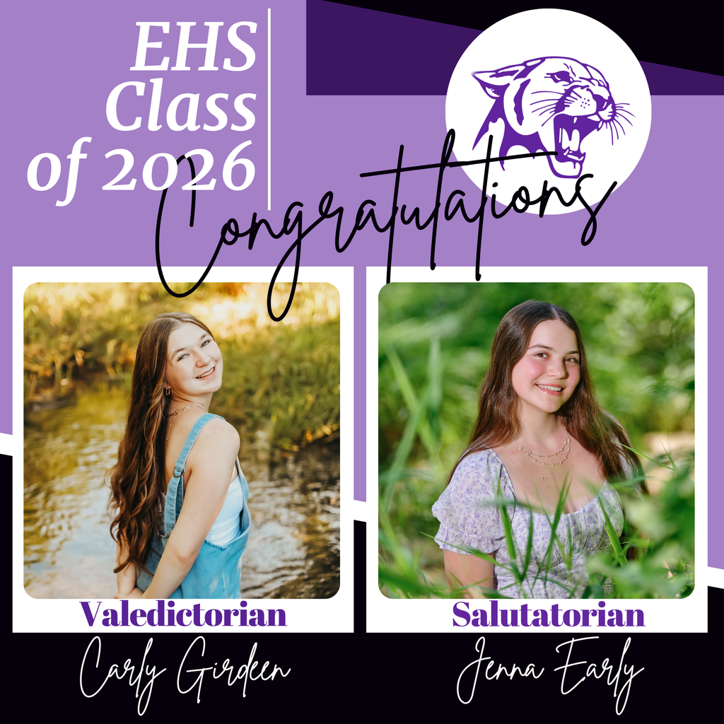 💜🎓 Panther Pride 🎓💜  Join us in celebrating the outstanding achievements of our Ellsworth High School Class of 2026!  Congratulations to our Valedictorian, Cary Girdeen, and our Salutatorian, Jenna Early! Your hard work, dedication, and commitment to excellence have truly paid off, and we couldn’t be more proud.  You’ve set an incredible example for your classmates and the entire ECSD community. We can’t wait to see all the amazing things ahead for both of you!  💜🐾 Once a Panther, Always a Panther!