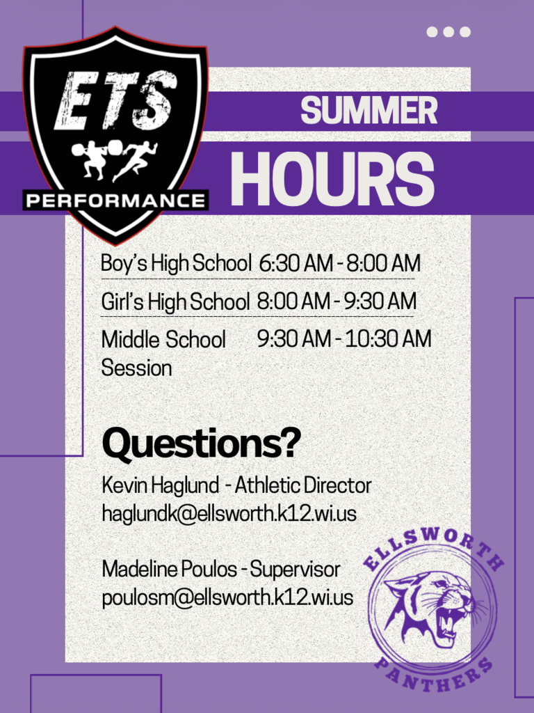 🏋️♂️ ETS Summer Hours are here! ☀️ Check out the flyer and website for all the details on session times, open lifting hours, and important summer dates. Let’s keep working hard this summer, Panthers! 💜🐾