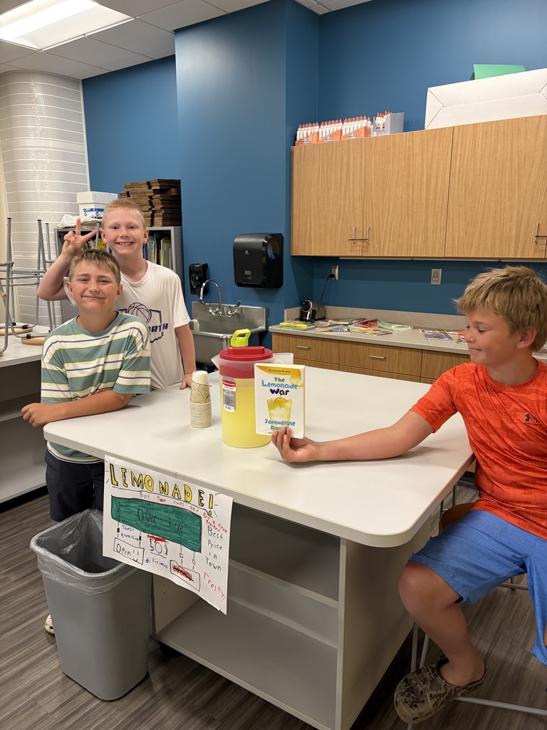 🍋 When reading comes to life... it's pretty sweet! 🍋  The 4th and 5th graders in Ms. Fish and Mrs. Hershfield's summer school reading class recently finished The Lemonade War. To celebrate, they held a Lemonade War of their own!  Their classmates in summer school math stopped by to purchase lemonade, giving them a chance to practice their money and counting skills while enjoying a refreshing treat.  What a fun way to connect reading and math through a hands-on learning experience. Great job, everyone! 💜💛
