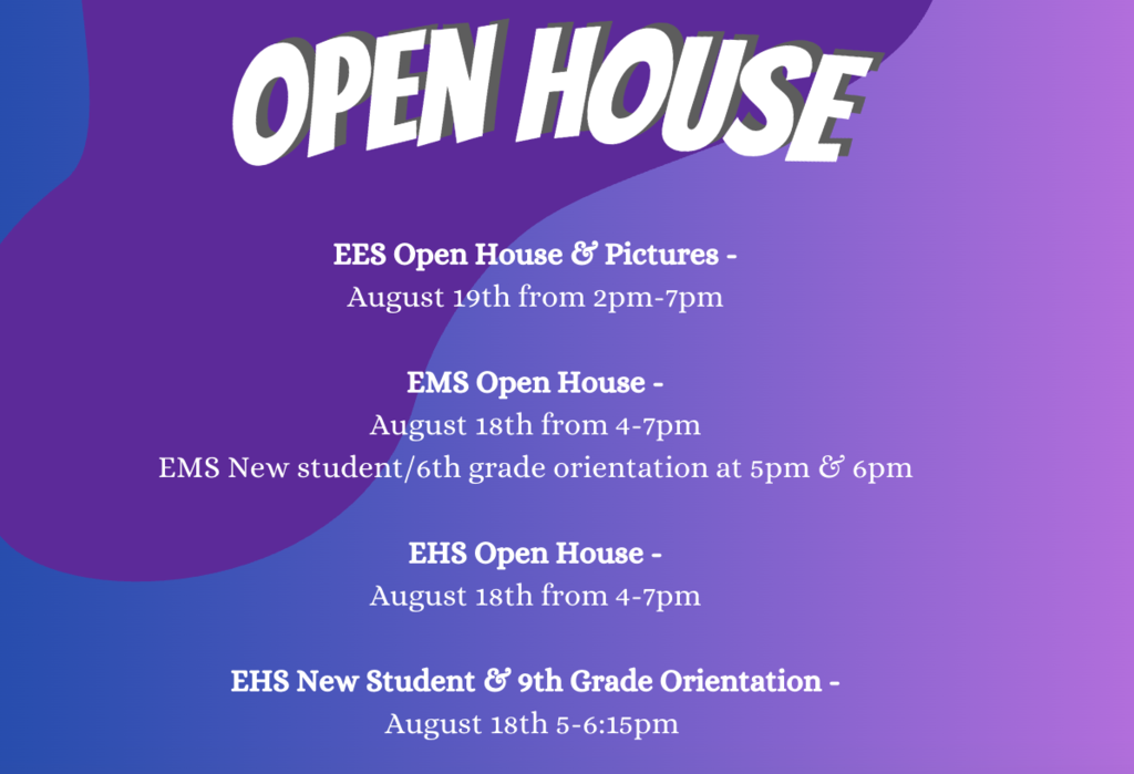 🏫💜 OPEN HOUSE WEEK IS HERE! 💜🏫  We’re excited to welcome our Panther families back into our buildings this week!  Open House is a great time to: 🍎 Meet your teachers 📚 Check out your classrooms 🗓️ Go over your schedule 🔐 Middle & High School students, find your locker and get it ready for the year 📸 Elementary students, don’t forget that school pictures will be taken during Open House, so come picture ready! 👋 Reconnect with friends and staff  We can’t wait to see our hallways filled with students and families again. See you at Open House! 💜🐾  #EllsworthPanthers #BackToSchool #PantherPride