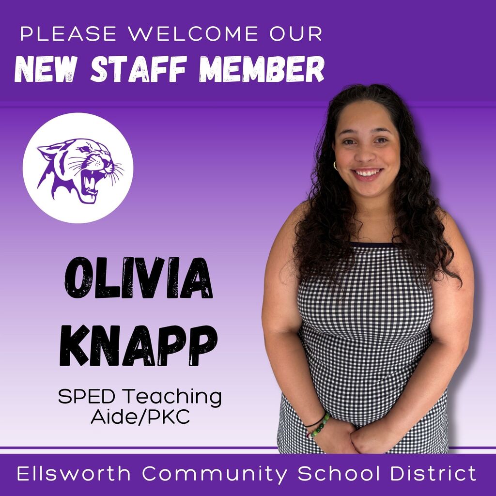 🎉 WELCOME TO ECSD! 🎉  Help us welcome Olivia Knapp to the Ellsworth Community School District! Olivia will be joining ECSD as a Special Education Teaching Assistant with 4K/PK.  Olivia is from Red Wing, Minnesota, and enjoys dance and cheer. As she begins her new role, she is most looking forward to getting to know everyone and becoming part of the ECSD community.  💜 Welcome to the Panther family, Olivia! We’re excited to have you with us! 🐾