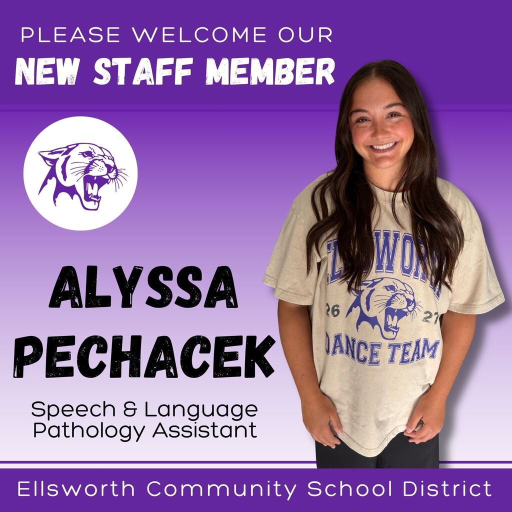 🎉 WELCOME TO ECSD! 🎉  We’re excited to welcome Alyssa Pechacek to ECSD as a Speech and Language Pathology Assistant!  Alyssa is an Ellsworth native and is currently attending UW-Green Bay, where she is working toward her bachelor’s degree in Speech, Language & Hearing Sciences. She enjoys teaching dance, coaching the Ellsworth Dance Team and spending time with family, friends and her puppy, Tucker. 🐶  For Alyssa, beginning her career in the same district where she grew up is especially meaningful. She is looking forward to getting to know our students, building relationships throughout the school community and learning from the experienced staff around her.  💜 Welcome back to ECSD in a new role, Alyssa! We’re so happy to have you on our team! 🐾
