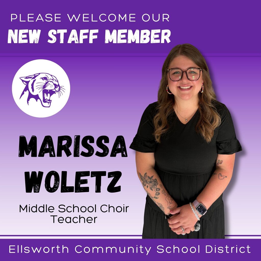 🎉 WELCOME TO ECSD! 🎉  Please help us welcome Marissa Woletz, our new Middle School Choir Teacher! 🎶  Originally from Clear Lake, Wisconsin, Marissa earned her undergraduate degree from UW-River Falls and her master’s degree from UW-Madison. Outside of school, she enjoys spending time with her niece and nephew, shopping, reading, playing piano and, of course, singing!  Marissa lives in River Falls with her wife, Maggie, who is a 2019 Ellsworth graduate and special education teacher in Hudson, and their three pets, Simba, Nala and Koda.  Marissa says she is most looking forward to making new connections and making music with her students! 🎵  💜 Welcome to ECSD, Marissa! We can’t wait to hear the music you and your students create this year! 🐾