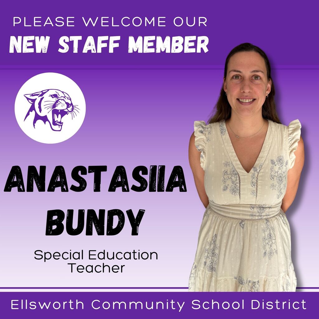 🎉 WELCOME TO ECSD! 🎉 Please help us welcome Anastasiia Bundy to the Ellsworth Community School District! Anastasiia will be joining ECSD as a Special Education Teacher. Originally from Ukraine, Anastasiia earned her bachelor’s degree in Elementary Education and later earned her master’s degree as a Reading Specialist from Fort Hays State University. She currently lives in Eau Galle with her husband and daughter. Outside of the classroom, Anastasiia and her family love traveling and experiencing new cultures and adventures together. She also enjoys audiobooks and just about any activity that involves a little friendly competition! This year, Anastasiia is especially looking forward to meeting her students, building positive relationships and becoming an active part of our school community. 💜 Welcome to the Panther family, Anastasiia! We’re so happy to have you at ECSD! 🐾
