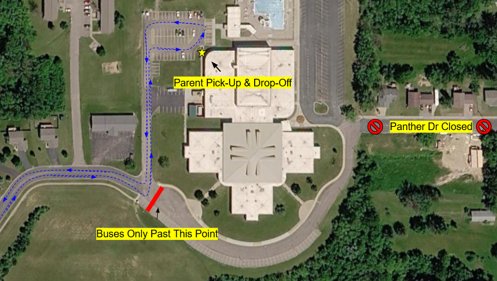 Ellsworth Middle School Families, We were informed of the need to adjust our normal traffic pattern here at Ellsworth Middle School during the Interim Days 8/25-8/27. This adjustment is due to unforeseen infrastructure work that will close Panther Drive and should not last beyond this week. Details: Morning Drop-Off on Tuesday 8/25 will function as usual. Starting with the Pick-Up on the afternoon of Tuesday 8/25, we will relocate the Parent Pick-Up/Drop-Off area to the pool parking lot. No cars will be allowed past the turn to the pool parking lot from 3:25 to 3:40 on these dates. This will create an increase in congestion on High Point Dr., please use appropriate caution and patience in order to support safety during this modified traffic pattern.