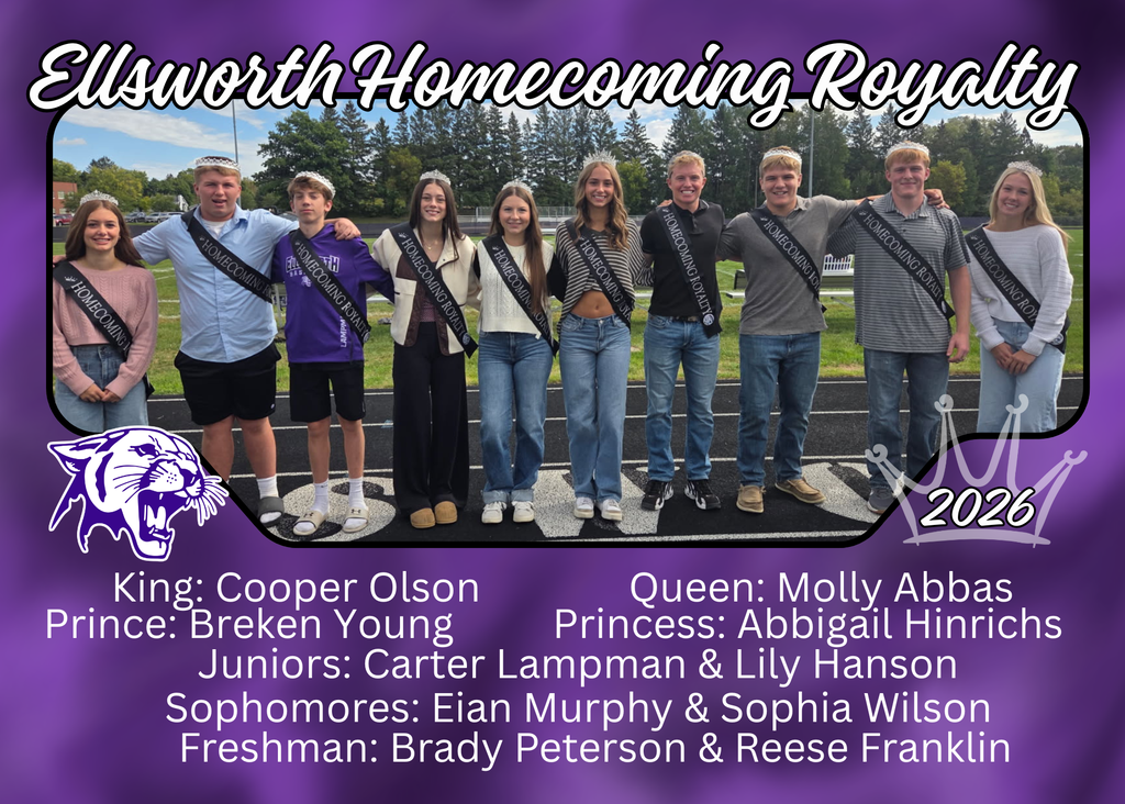 👑💜 Congratulations to our 2026 Homecoming Royalty! 💜👑 Our Homecoming Royalty was officially crowned yesterday! 🎉 Congratulations to all of our students who were selected and crowned! Be sure to watch for them during the Homecoming Parade this Friday, starting at 5:00 p.m. 🐾💜 We can’t wait to celebrate a great week of Panther Pride! #EllsworthPanthers #Homecoming2026 #PantherPride