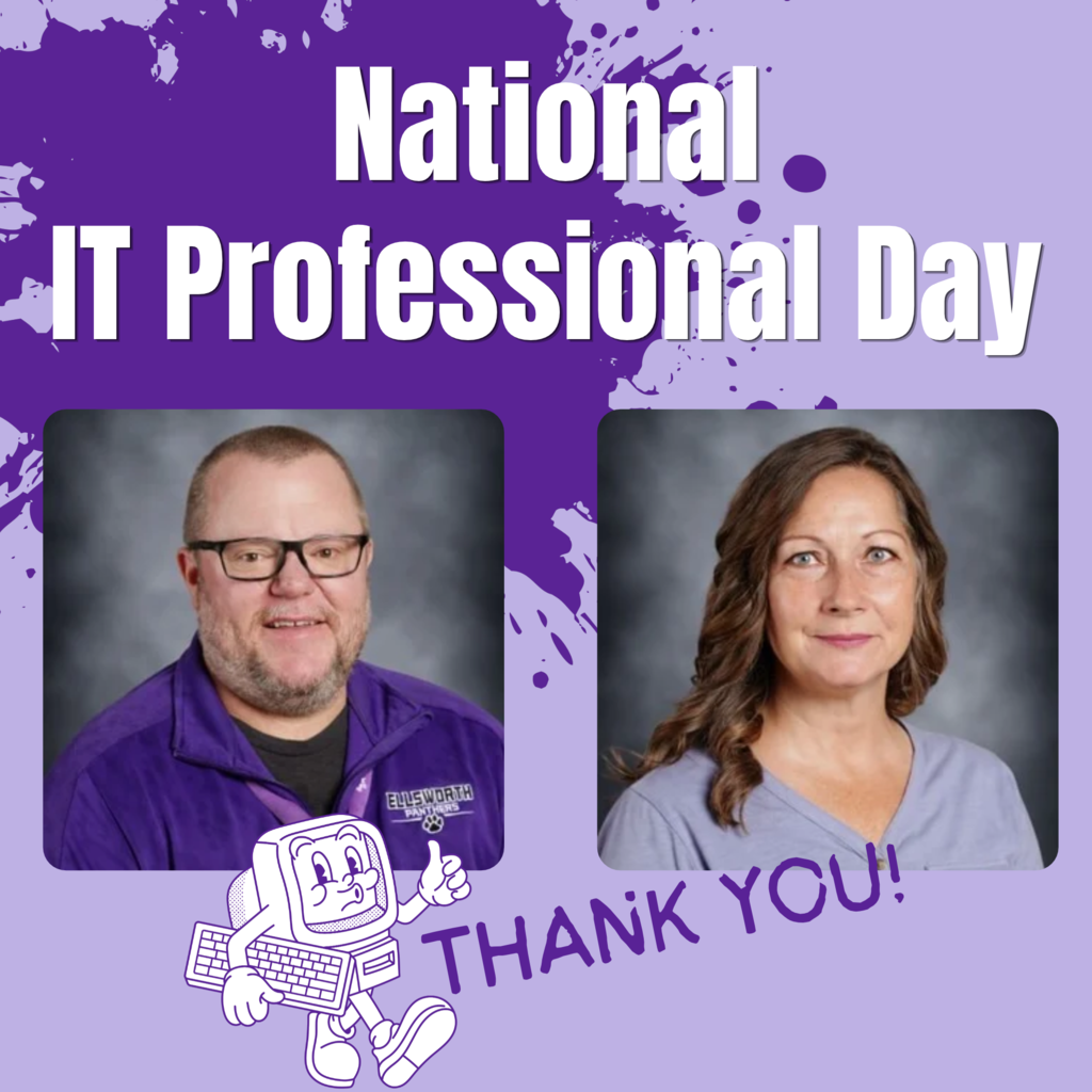💻💜 Happy National IT Professionals Day! Today we’re giving a big Panther shout-out to Geoff and Laurie, our amazing IT team! We are so lucky to have these two working behind the scenes to keep our technology running throughout the district. From troubleshooting the everyday tech hiccups to keeping our devices, systems, and networks up and running, Geoff and Laurie are always there when we need them. Thank you, Geoff and Laurie, for everything you do for our students and staff! We appreciate you! 💜🐾