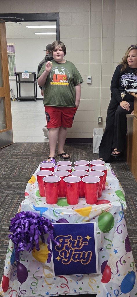 Last week, Kate & Becky called high school students and staff down between classes for a quick game of Ping Pong Toss!  Make it into a numbered cup and that was the prize you got to take home, filled with candy and maybe even a gift card! 🎁🍭  Just a fun little way to add some excitement to the day and celebrate 3rd Friday Count! Judging by the smiles, we think it was a hit! 💜🐾